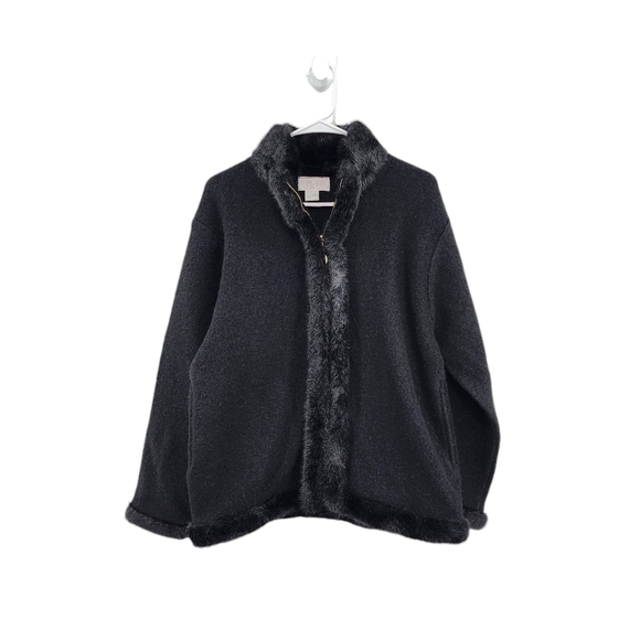 Lisa International Women's Boiled Wool Faux Fur Full Zip Jacket Black - L - Picture 1 of 9